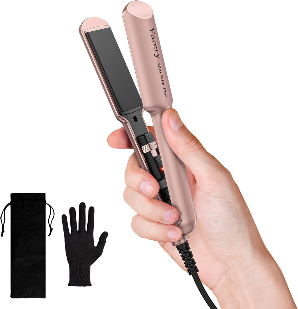 Plancha de pelo mini Farery para cabello corto, plancha alisadora de cerámica de 3,8 cm con infusión de aceite de argán, calentamiento rápido en 15 segundos, anti-quemaduras, doble voltaje 100-240 V, plancha de viaje portátil con bolsa de almacenamiento.