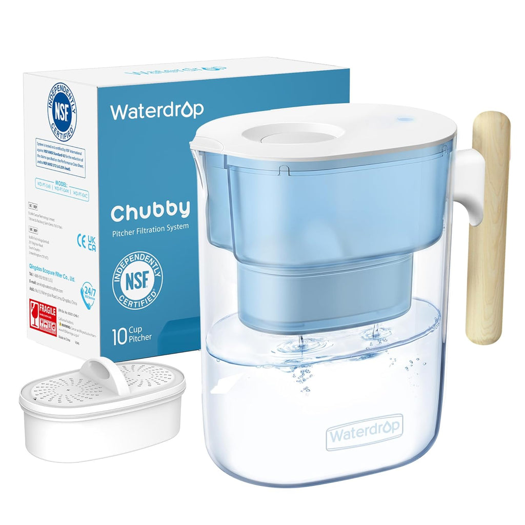 Waterdrop Water Filter Pitcher with 1 Filter, 200-Gallon Long-Life, Chubby 10-Cup Large Water Filter Pitcher, NSF Certified, 5X Times , Reduces PFOA/PFOS, BPA Free, Blue