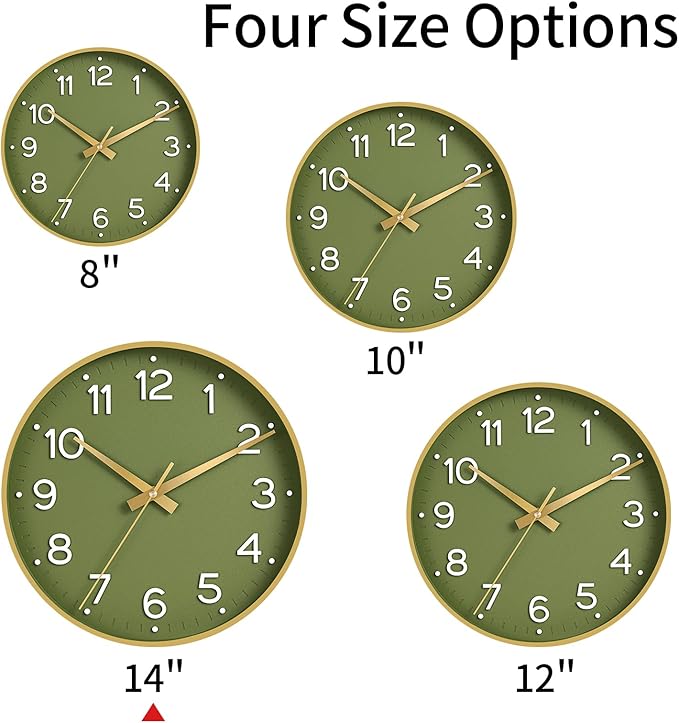 Reloj de Pared Silencioso Roymnie 14" – Analógico Verde y Dorado, Sin Tictac, A Batería