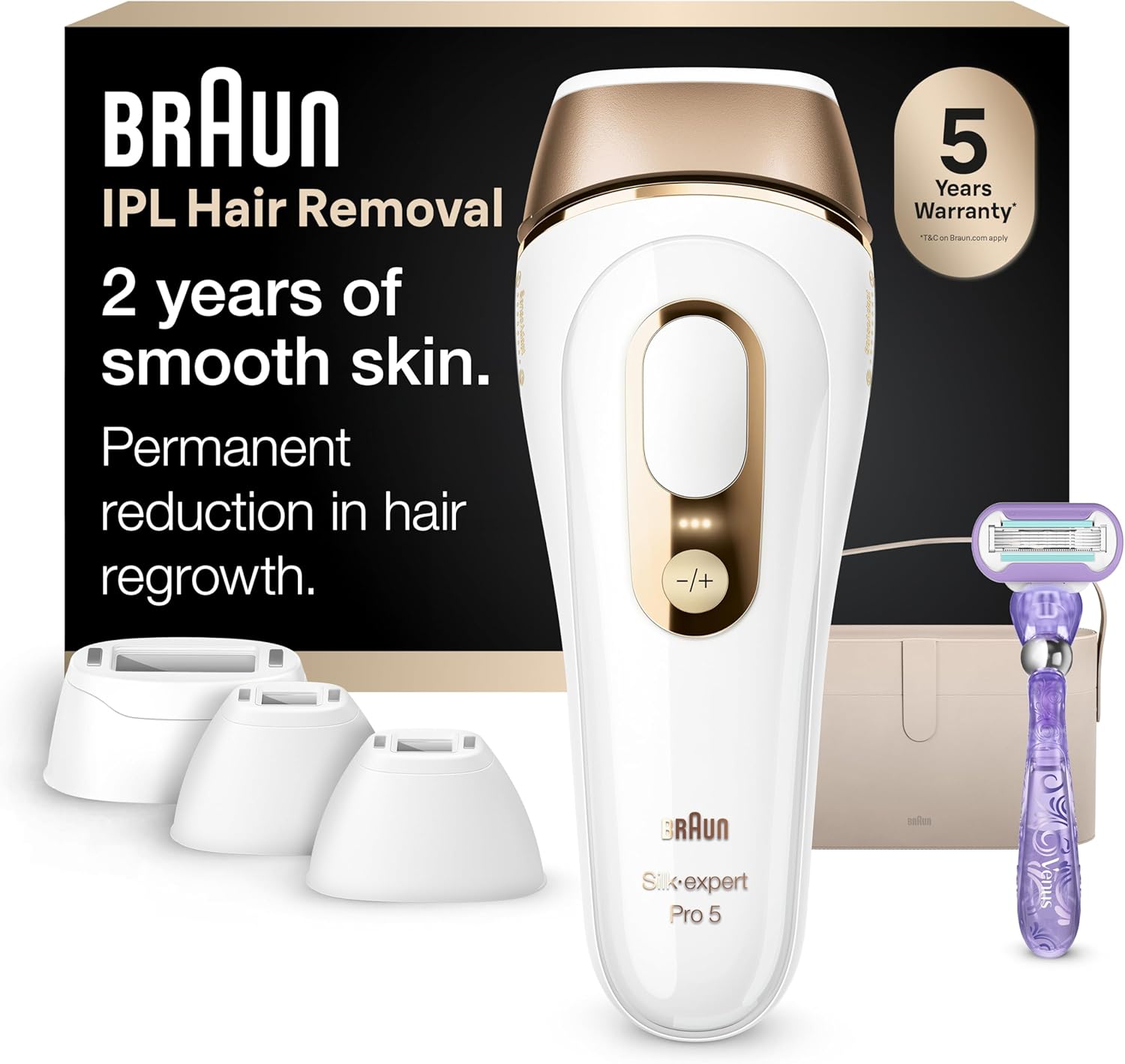 Braun Smart IPL, Silk·Expert Pro 5: at Home Laser Hair Removal for Women and Men, Permanent Visible Hair Reduction in Hair Regrowth for Body & Face, Wide Head and Two Precision Heads, IPL5347