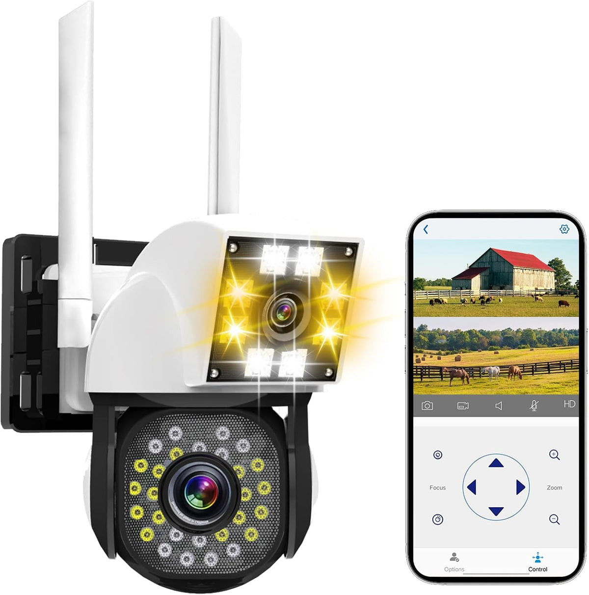 Cámara de seguridad interior de doble lente - WiFi 2.4G, cámara PTZ de 360° resistente al agua, funciona con batería para vigilancia de seguridad en interiores del hogar.