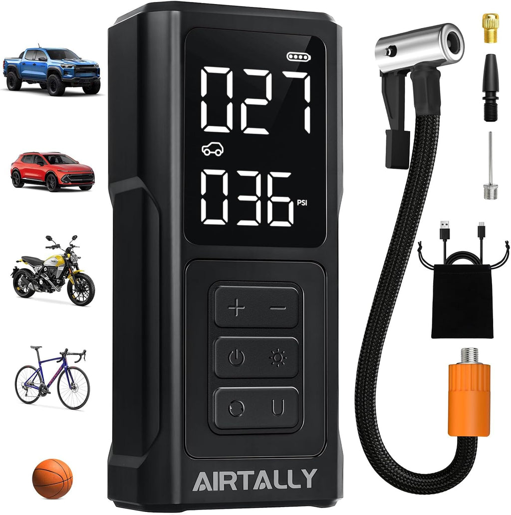 Inflador de Llantas Portátil | Compresor de Aire Recargable | 5200mAh 150 PSI | Infla Rápido | Para Llantas de Auto, Bicicleta y Balones | Doble Pantalla LED | Manómetro y Auto-Apagado