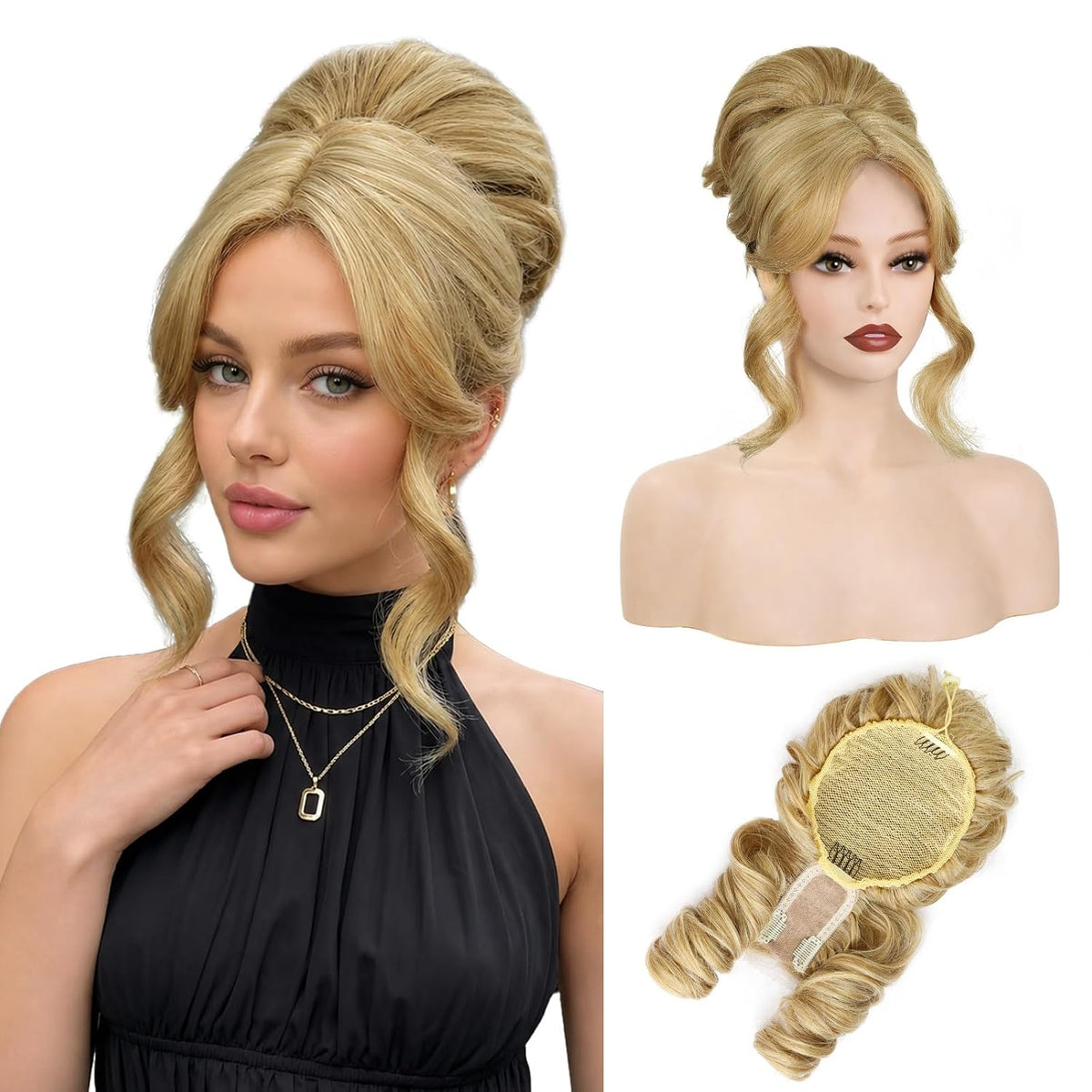 Peluca Updo 2 en 1 Honey Blonde con Flequillo y Moño Despeinado | Pieza Sintética Ligera con Encaje Lateral para Uso Diario, Fiestas y Bodas