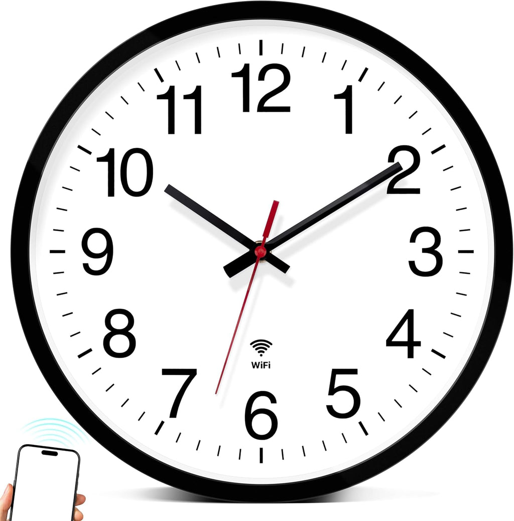 Reloj WiFi Koosome, reloj de pared WiFi con horario de verano automático, reloj de pared analógico inteligente WiFi redondo de 12 pulgadas, silencioso, sin tictac, funciona con pilas, moderno y fácil de leer para la oficina, el hogar, el aula o el