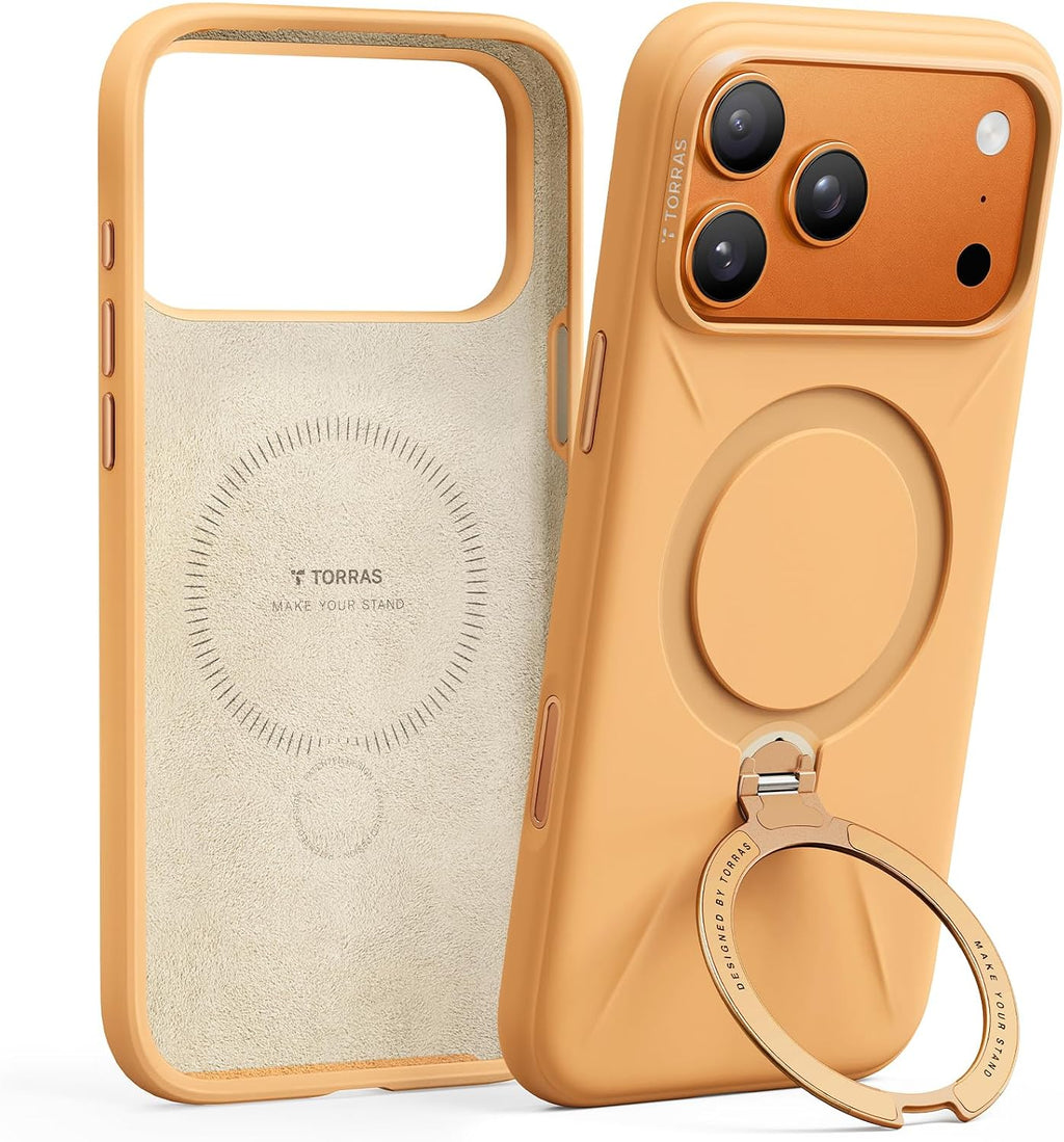 Funda TORRAS Q3 Silicona 360 para iPhone 17 Pro | Soporte Giratorio MagSafe | Control de Camara | Naranja Pastel