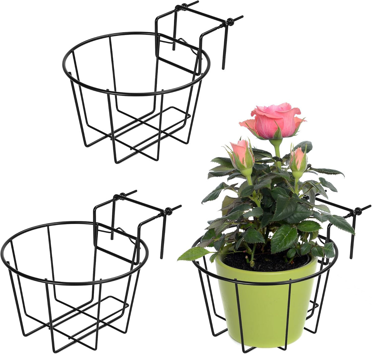Macetero colgante ajustable TQVAI para barandillas de 1,89 a 3,5 pulgadas - Soporte para macetas de exterior para balcón o terraza, cestas metálicas para orquídeas de jardín, repisa de patio, paquete de 3, negro