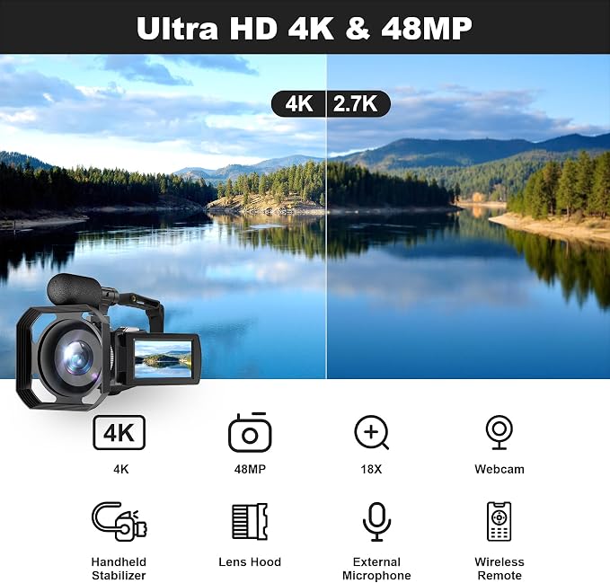 Hojocojo Cámara de Video 4K 48MP 60FPS – Zoom 18X, Pantalla IPS, Micrófono, 32GB, 2 Baterías