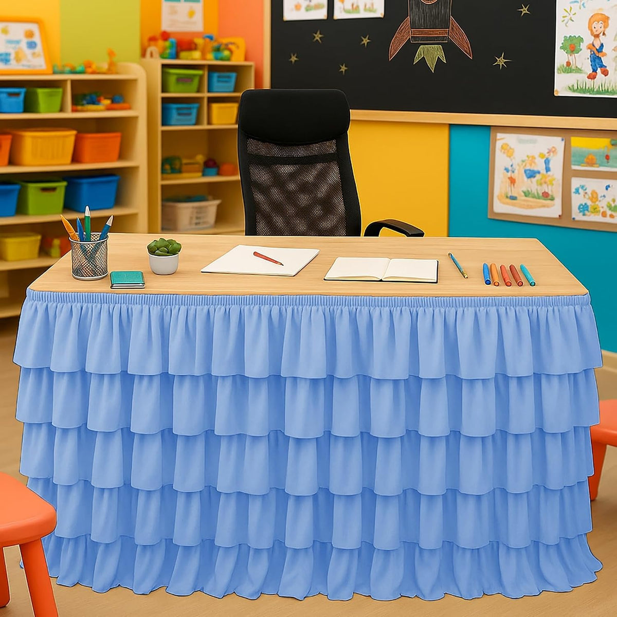 Falda de Mesa Tutu Azul 9 Pies | Con Volados para Escritorio de Maestra, Aula y Fiesta de Cumpleaños