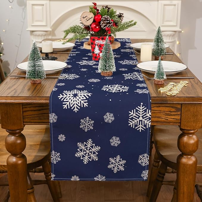 Camino de mesa de Navidad, camino de mesa de invierno, azul marino, camino de Navidad para mesa, copos de nieve, camino de Navidad, decoración de mesa de temporada de invierno, día festivo