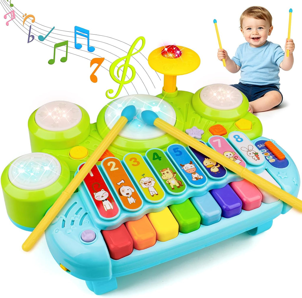 Mesa Musical 3 en 1 para Bebes, Piano, Xilofono y Tambor con Luces y Sonido | Juguete Didactico de Actividades para Ninos y Ninas, Regalo de Primer Cumpleanos