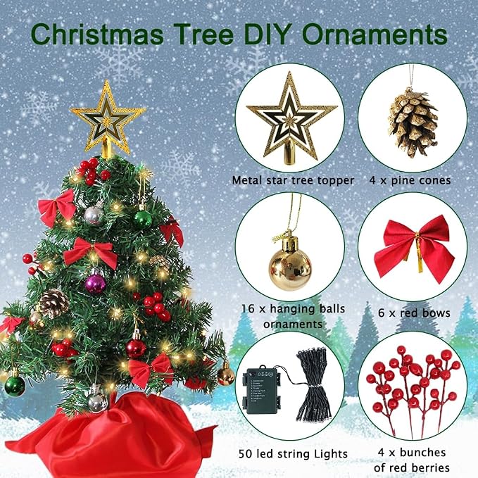 ⚠️ Ver Fotos para Accesorios Incluidos – Mini Árbol de Navidad Juegoal 24" 50 Luces LED DIY | Mesa