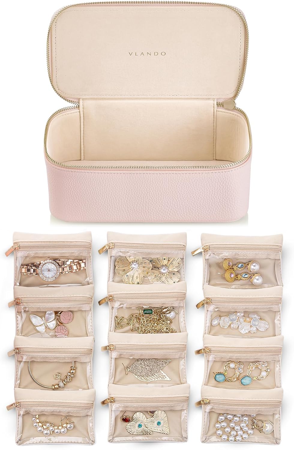 Vlando Jewelry Box Organzier for Travel,Graduation Gifts for Daughter,Jewelry Case with 12 Pcs Velvet Jewelry Bags for Earrings Necklace Rings,Valentine's Day,Birthday, Wedding Gift for Wome-Pink