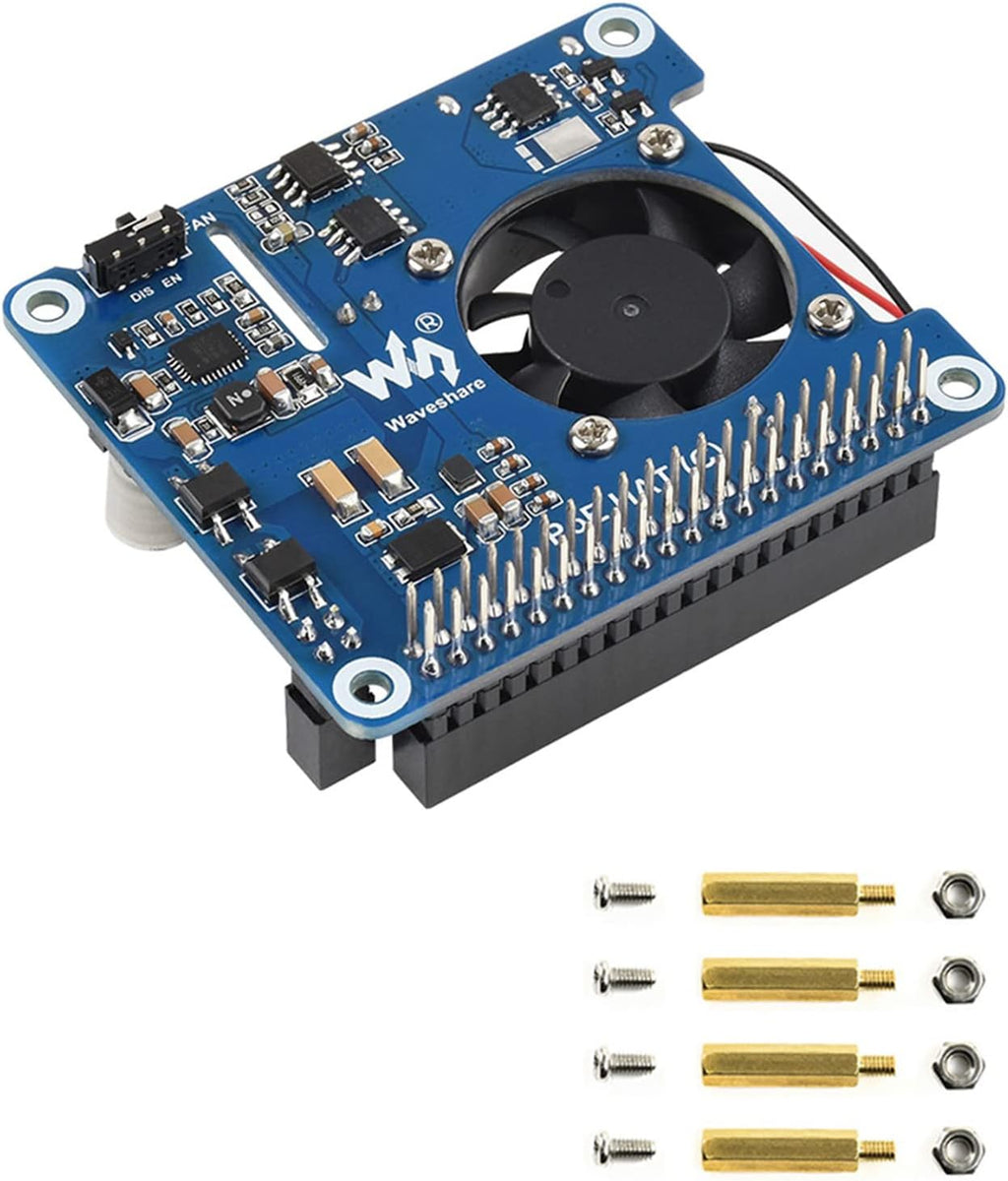 Módulo Power Over Ethernet (PoE) waveshare para Raspberry Pi 4B/3B+, estándar de red PoE 802.3af/at, salidas USB-A de 5 V y cabezal de 12 V, ventilador de refrigeración integrado y chip reductor MP8676, aislado.