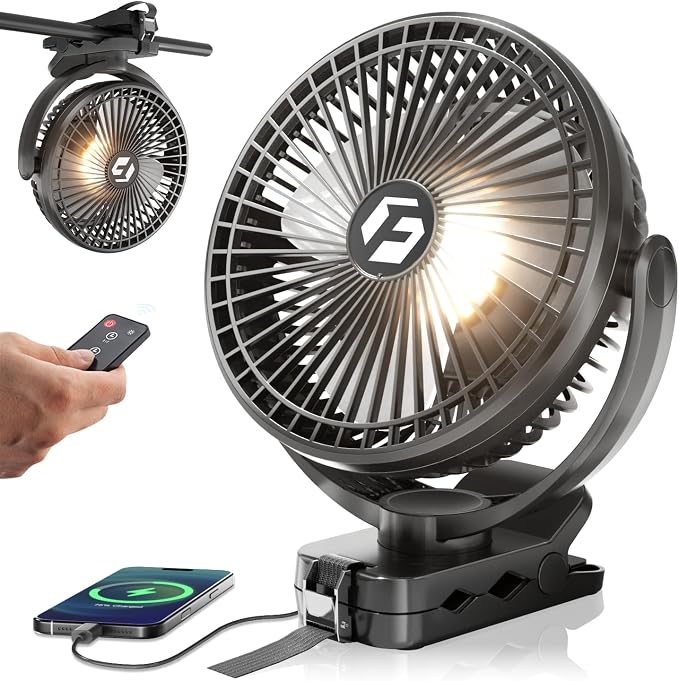 FRIZCOL Ventilador portátil con clip de 24000 mAh de 8 pulgadas, funciona con pilas, ventilador de carrito de golf con luces y control remoto
