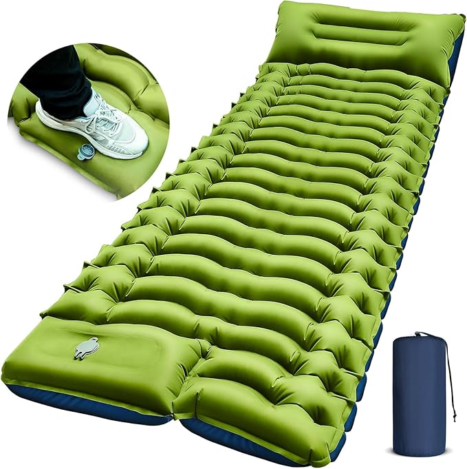 FUN PAC Colchoneta de dormir para camping, ultraligera con almohada, bomba de pie integrada, almohadillas inflables compactas para acampar, mochileros, senderismo, viajes, tienda de campaña