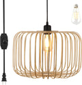 Lámpara colgante con enchufe, lámparas colgantes de bambú tejido con enchufe, lámpara colgante regulable, lámpara de techo con pantalla de cesta de mimbre tejida a mano estilo boho para sala de estar, dormitorio y cocina (con forma de manzana).