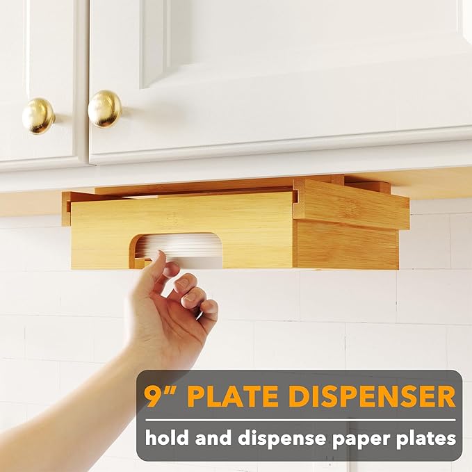 SpaceAid Dispensador de platos de papel de 9 y 12 pulgadas, soporte para platos de bambú debajo del gabinete, soportes verticales para encimera de cocina