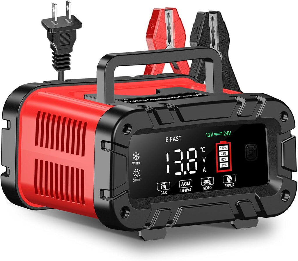 Cargador Batería E-FAST 0-20A 12/24V Lifepo4 Ácido Plomo Automático Inteligente Pulso y Goteo Mantenedor Autos Camiones Motos