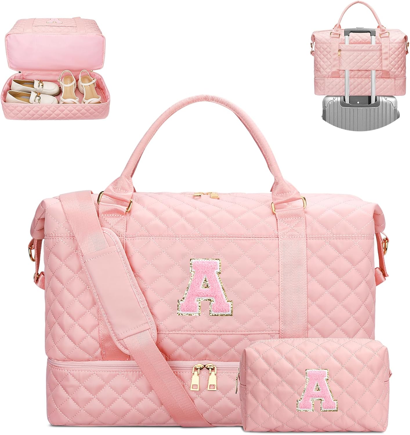 CLOUDWINGS Gifts for Women Girls Initial Travel Duffle Bag Quilted Weekender Carry-On Overnight with Cosmetic Bag, Gym Bag with Shoe Compartment Personalized Bag, Pink A