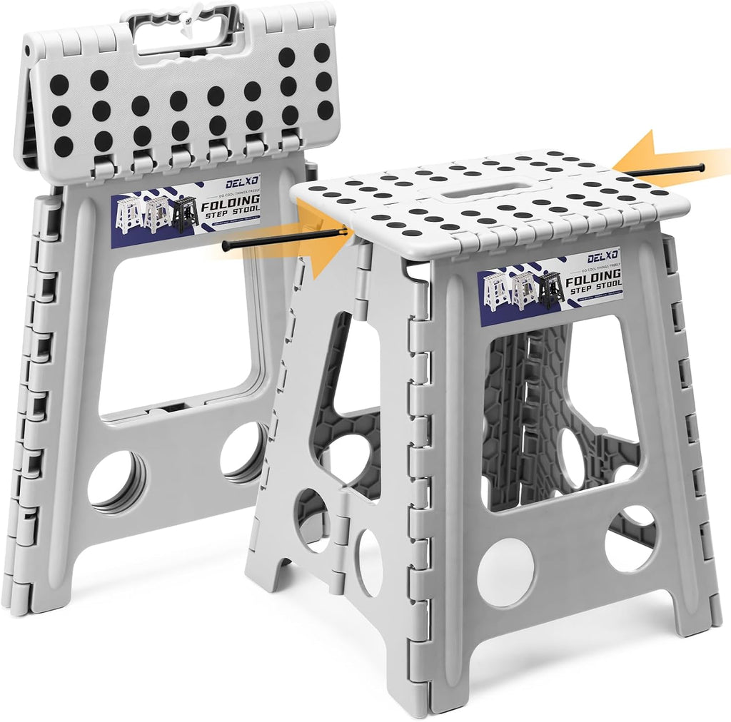 Taburete plegable Delxo de 40 cm, taburete plegable para adultos, taburete plegable de plástico portátil, taburetes plegables antideslizantes para cocina, baño, dormitorio y jardín, soporta hasta 181 kg (gris, 1 unidad).