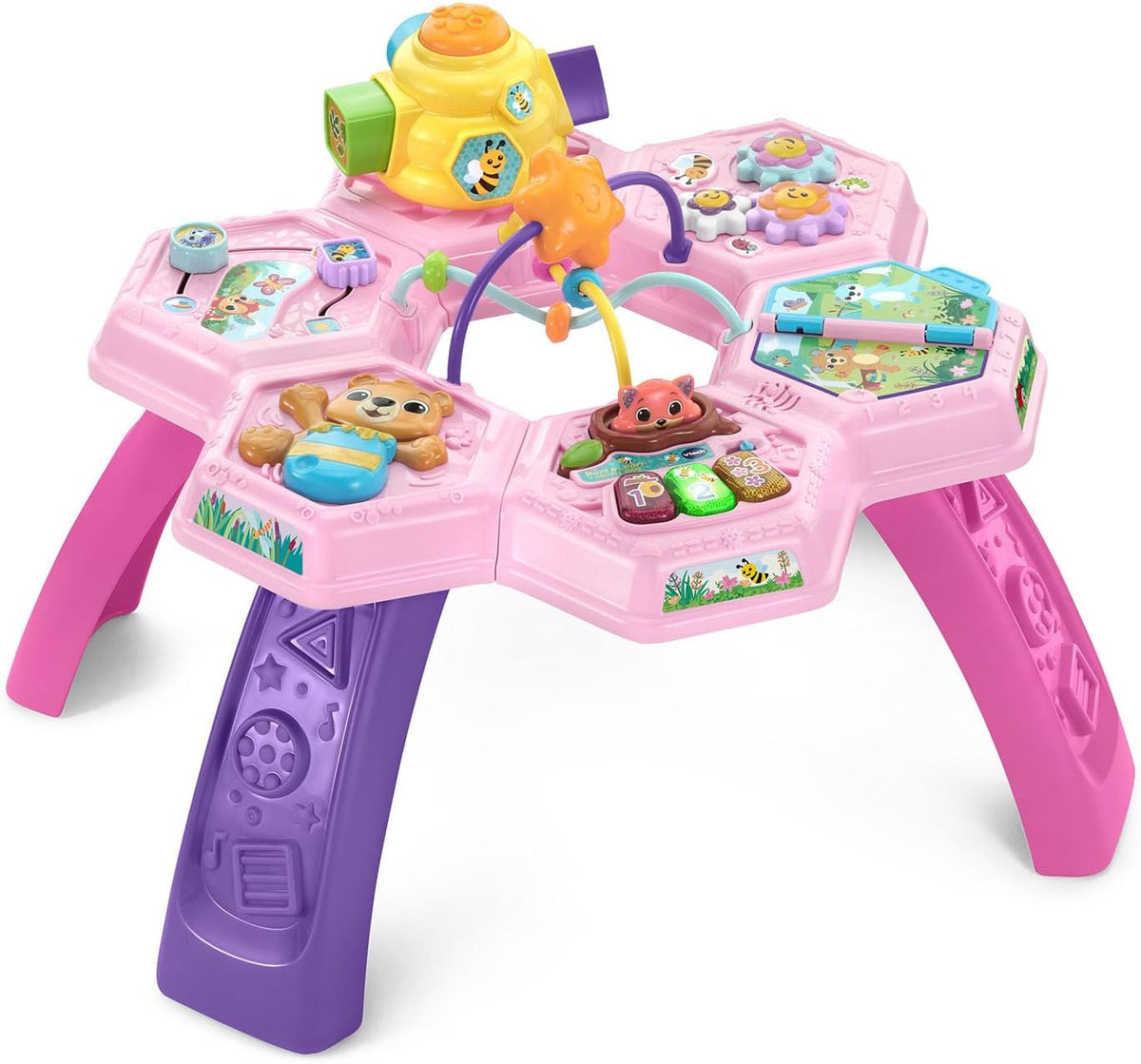 Mesa de actividades VTech Buzz and Learn con siete zonas de juego interactivas, color rosa.