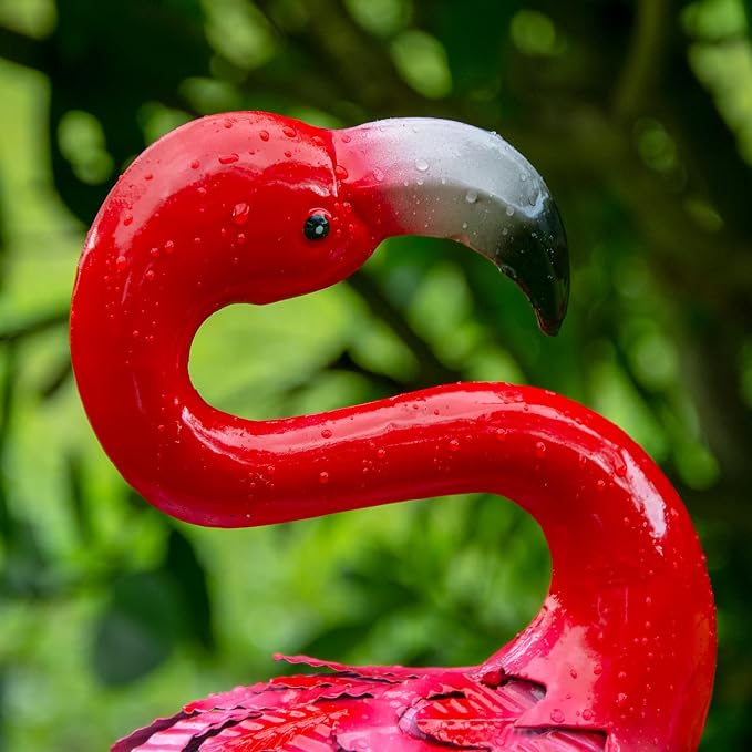 Estatuas de jardín de flamencos de metal XONOR, arte de flamenco rojo para patio al aire libre, esculturas para decoración de casa, patio, césped, set de 2