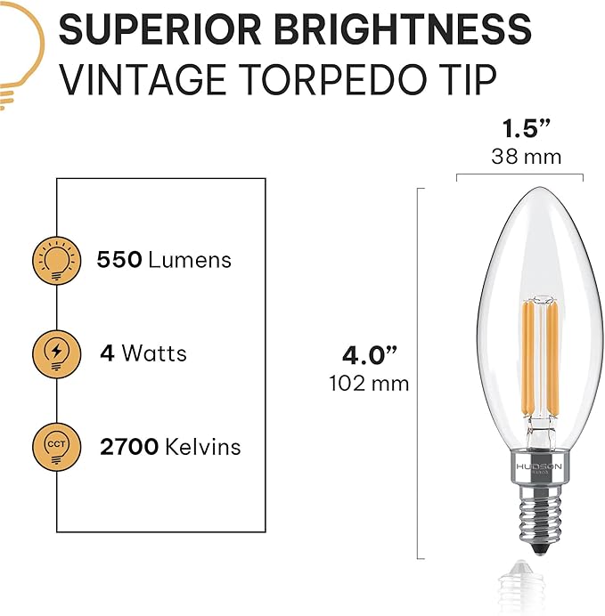 Juego de bombillas LED E12 regulables para candelabros, 4 W, equivalente a 40 W, 2700 K, luz cálida estilo vintage, bombilla de vela para candelabro, ventilador de techo, aplique