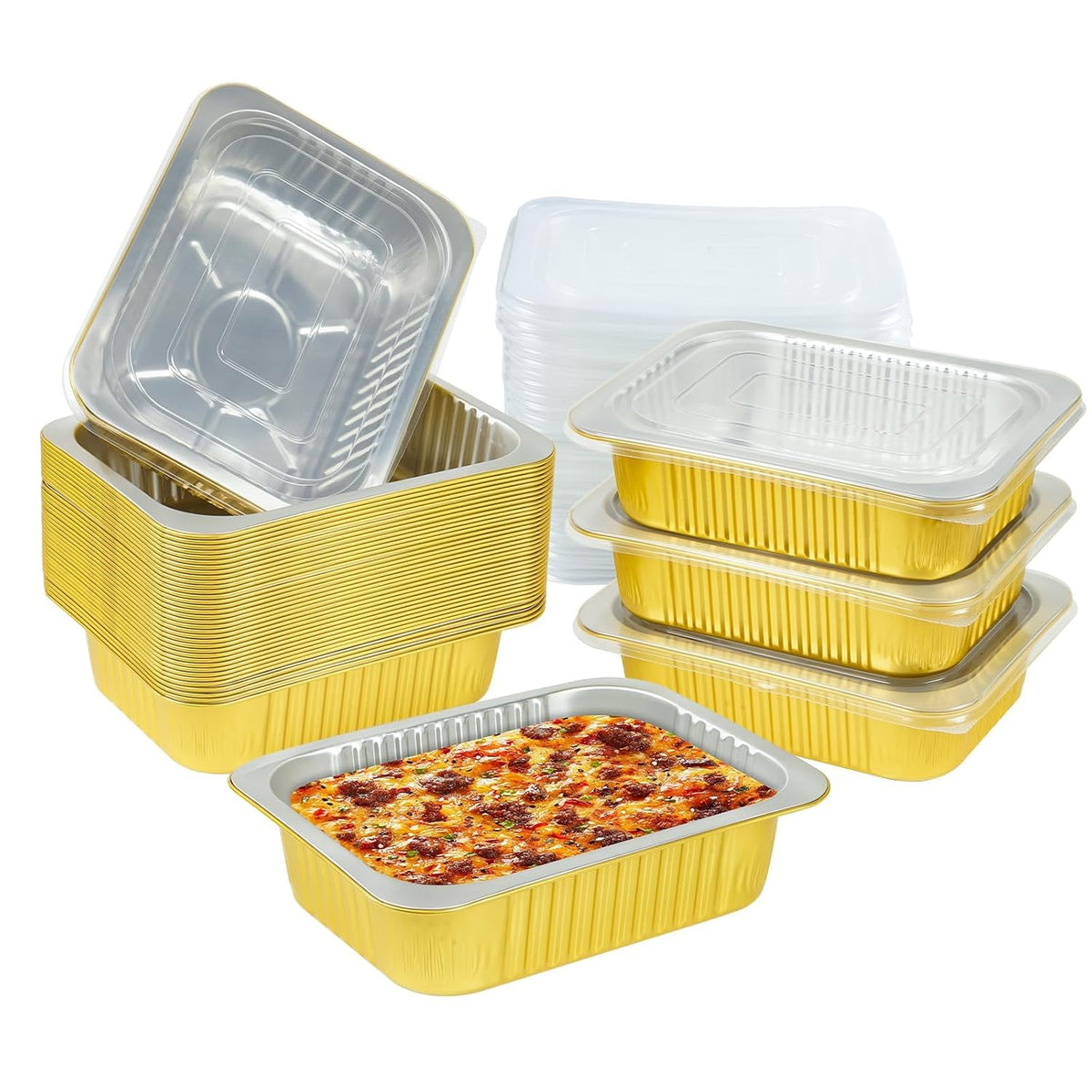 CHUPEI Paquete de 40 bandejas de aluminio de 1.5 lb (7.2" x 5" x 1.8") con tapas, resistentes, de 25 onzas. Bandejas desechables de aluminio con tapas para hornear, preparar comidas, congelar, calentar y para llevar.