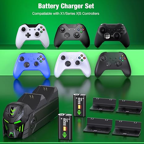 Estación de carga compatible con mandos Xbox, batería recargable de 2 x 5520 mWh para mandos Xbox One/Series X|S con base de carga dual y 4 cubiertas (controlador no incluido)
