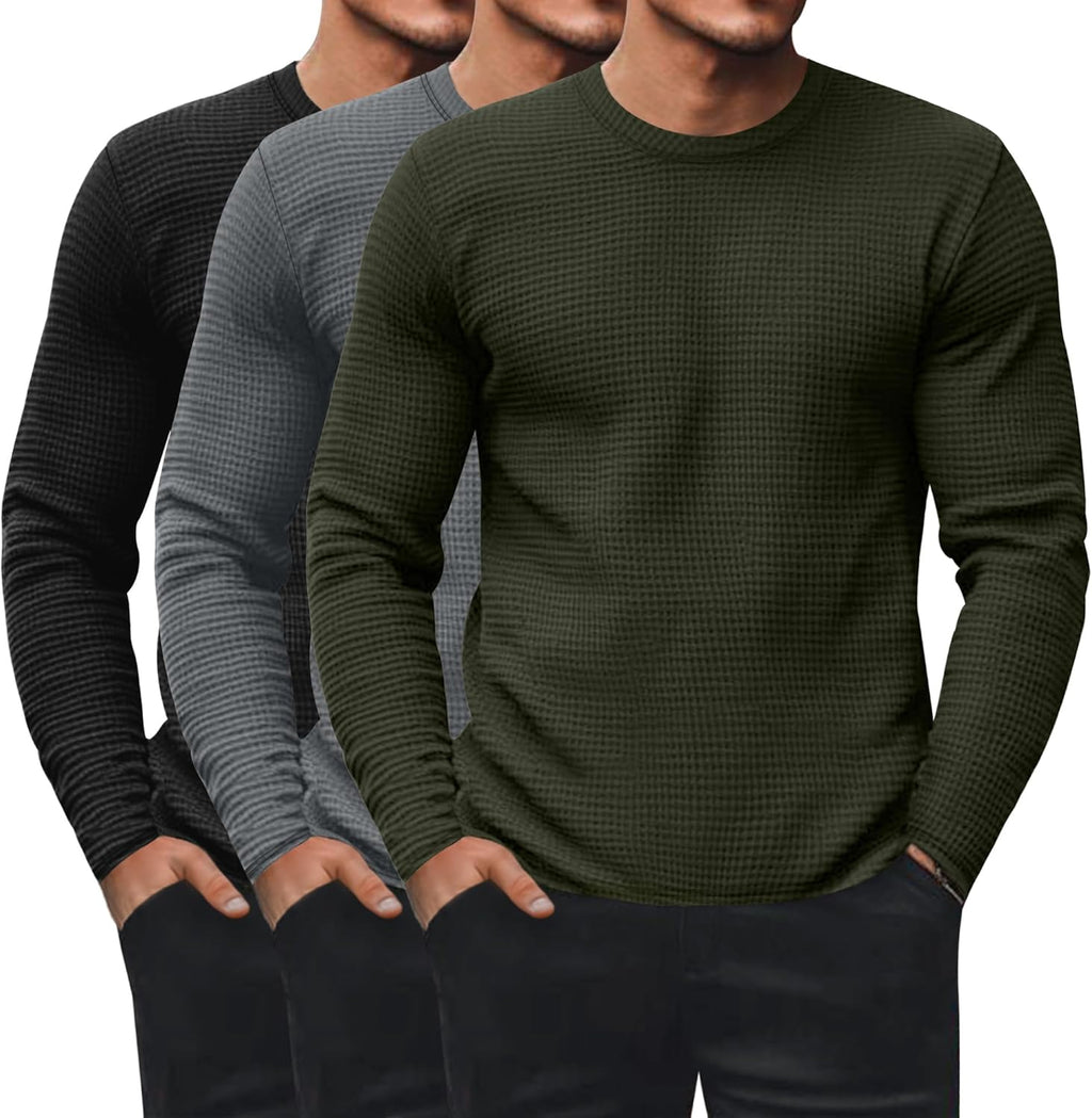 Ficerd 3 Pack Men's Waffle Long Sleeve Shirts, Crew Neck Thermal Underwear Tops Casual Pullover Sweaters Knit Undershirts