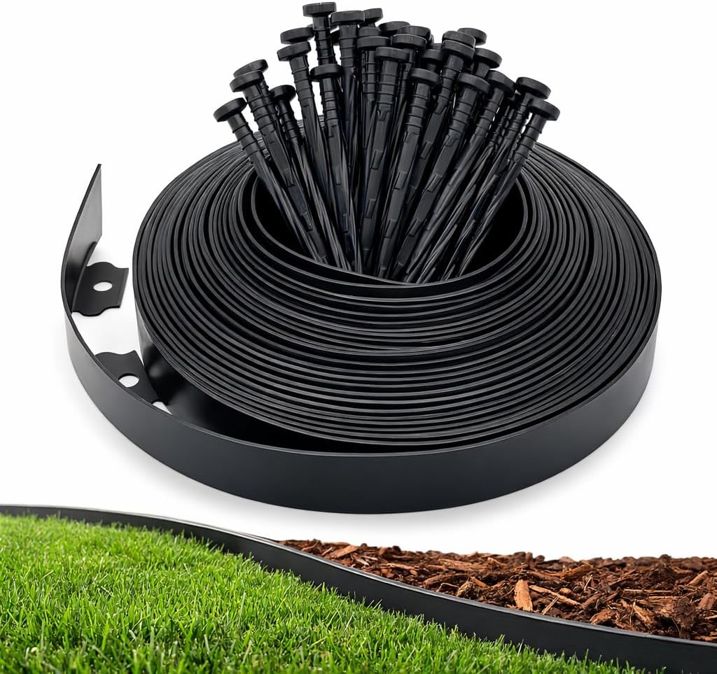 Kit de bordes para jardines Gardzen de 3,8 cm x 10 m, rollo de bordes para jardín con 40 estacas, diseño para bordes de césped sin necesidad de excavar.