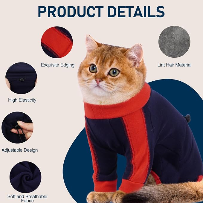 Pijama para gatos (solo para gatos), ropa para gatos con pelo pegajoso, ropa de manga larga para gatos Sphynx, traje anti-lamido o de recuperación de enfermedades de la piel para gatas, pijama enterizo para gatitos, azul oscuro, talla XS