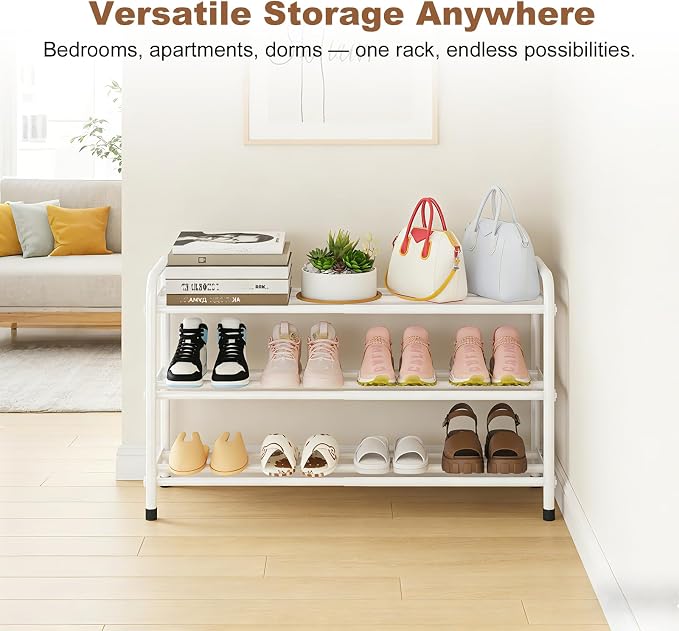 Estante de Zapatos 3 Niveles Expandible | Organizador de Metal Ajustable | Para Armario y Entrada | Ensamblaje sin Herramientas | Blanco