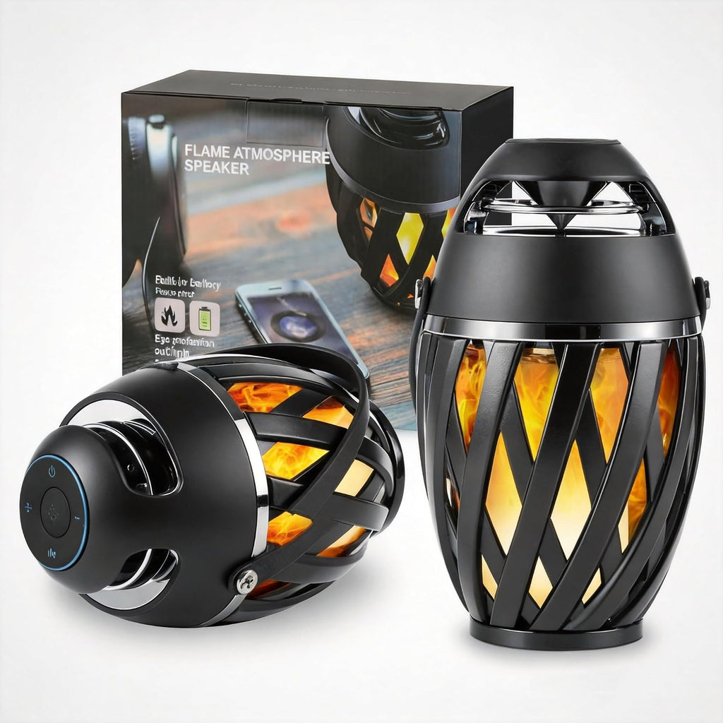 INSSISAIN Paquete de 2 altavoces Bluetooth para exteriores, impermeables e inalámbricos, regalos de cumpleaños para hombres y papás, luz ambiental LED con efecto llama, accesorios para camping y patio, regalos únicos para él, esposo, novio y papá.