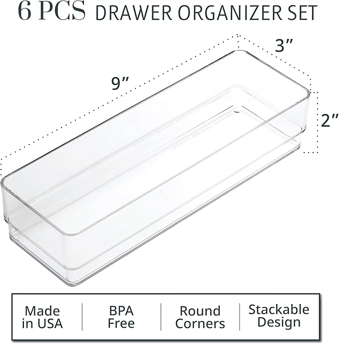 STORi SimpleSort Juego de 6 organizadores de cajones transparentes apilables | Bandejas rectangulares de 9 x 3 x 2 pulgadas | Contenedores estrechos de almacenamiento de maquillaje y separadores