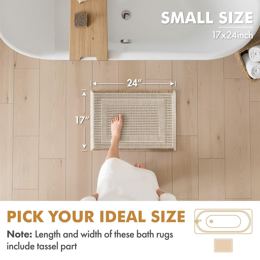 Set 2 Tapetes de Baño MIULEE Waffle Boho — Antideslizantes, Lavables y Super Absorbentes, Café 17"x24"+17"x48"