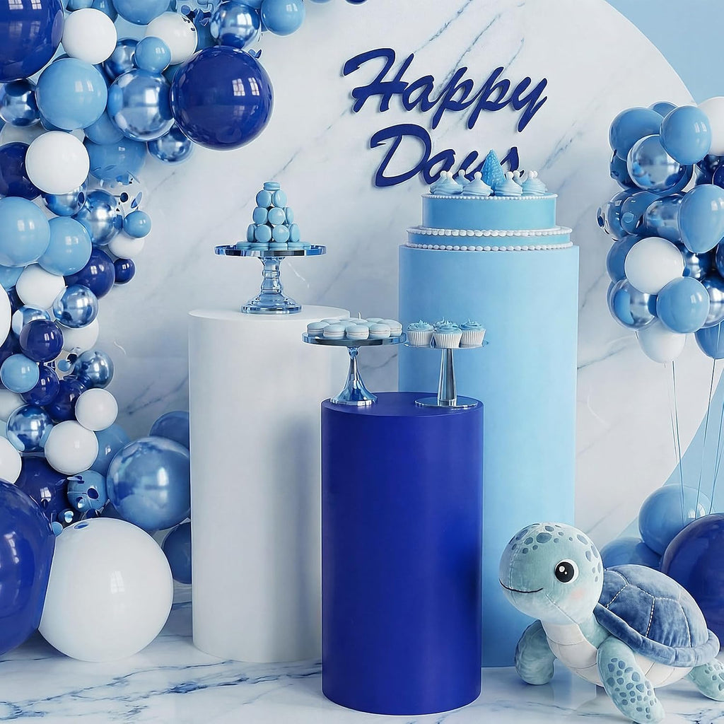 Fundas Elásticas Tigeen para Pedestales Cilíndricos Azul y Blanco – Set de 3 para Bodas, Cumpleaños y Baby Shower