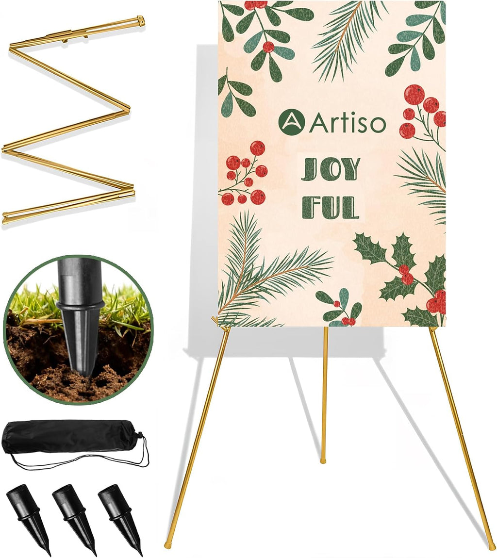 Caballete de exhibición Artisorama para letreros, trípode ligero con bolsa, caballetes de artista portátiles y ajustables para pintura al aire libre sobre lienzo/pósteres/bodas, 1 unidad, color dorado.