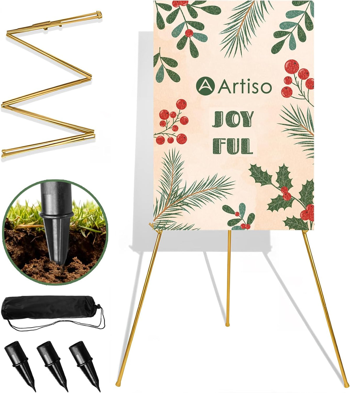 Caballete de exhibición Artisorama para letreros, trípode ligero con bolsa, caballetes de artista portátiles y ajustables para pintura al aire libre sobre lienzo/pósteres/bodas, 1 unidad, color dorado.