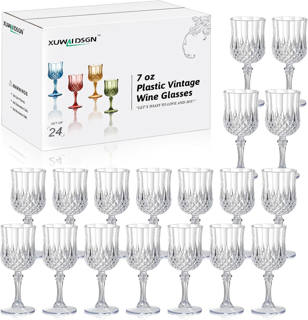 XUWAIDSGN 24 Pcs 7oz Plastic Vintage Wine Glasses Drinking Glasses Unbreakable Wedding Glassware Crystal Water Goblets Reusable Drinkware Vintage Champagne Flutes (24, Clear)