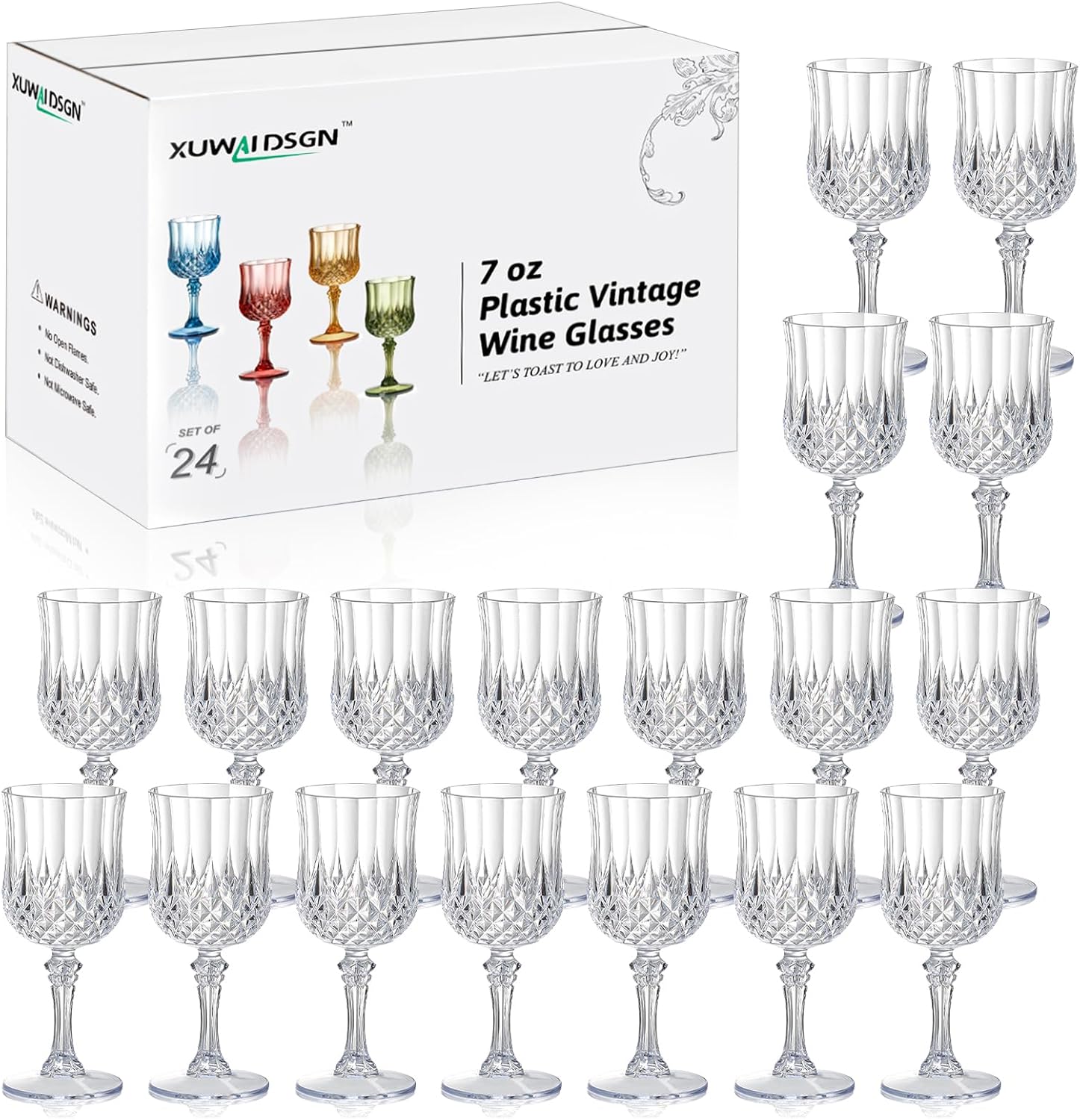 XUWAIDSGN 24 Pcs 7oz Plastic Vintage Wine Glasses Drinking Glasses Unbreakable Wedding Glassware Crystal Water Goblets Reusable Drinkware Vintage Champagne Flutes (24, Clear)