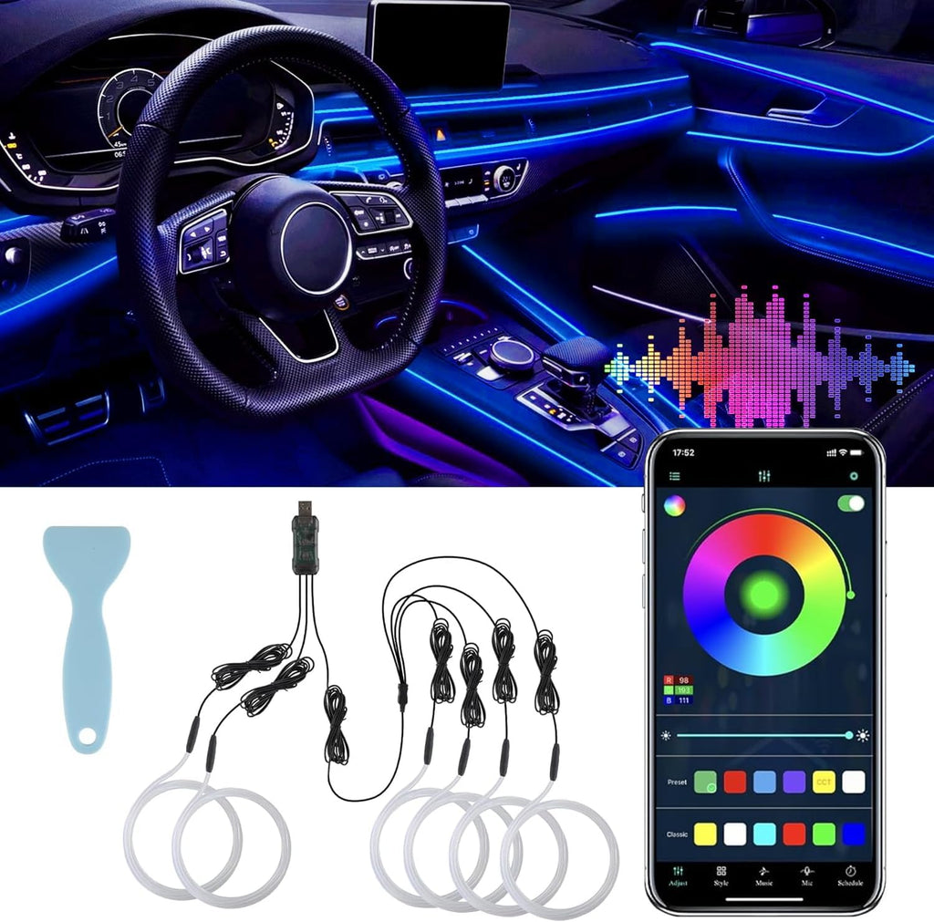 Luces LED inteligentes para interior de coche LivTee con puerto USB, tira LED de fibra óptica, iluminación ambiental, control inalámbrico por aplicación, sincronización con música, decoración interior, regalo para hombres y mujeres, 6 en 1 