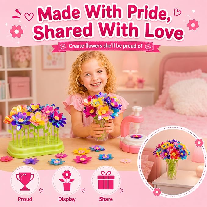 Kit de ramo de flores de tela para niñas de 4 a 8 años, juguete de manualidades sin desorden con piezas de flores reutilizables, crea y muestra tus propios ramos, regalo creativo de cumpleaños