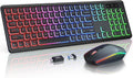 Combo de teclado y ratón inalámbricos, retroiluminación RGB, recargables, con letras iluminadas, tamaño completo, escritura suave, modo de suspensión, teclado silencioso de 2,4 GHz para Mac, Windows, portátil y PC, Trueque KM42Pro (negro).