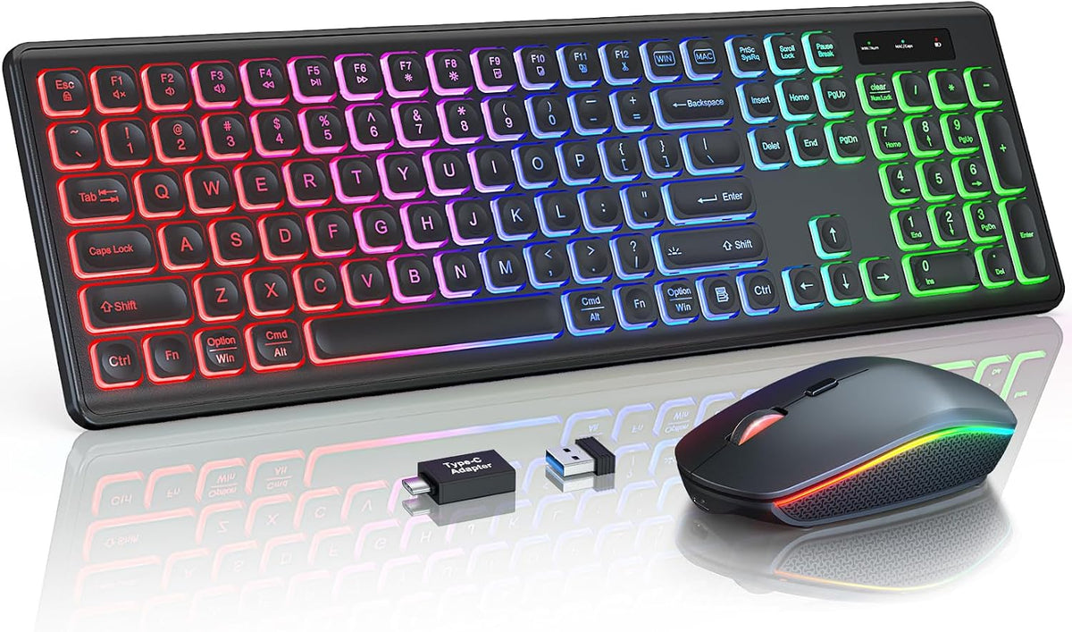 Combo de teclado y ratón inalámbricos, retroiluminación RGB, recargables, con letras iluminadas, tamaño completo, escritura suave, modo de suspensión, teclado silencioso de 2,4 GHz para Mac, Windows, portátil y PC, Trueque KM42Pro (negro).