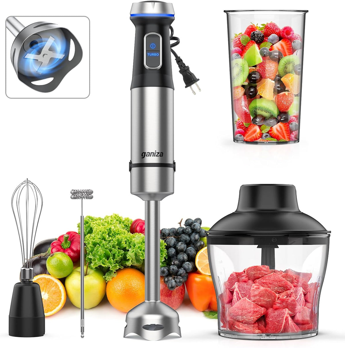 Batidora de mano Ganiza 5 en 1 con motor de alta resistencia de hasta 1000 W, 16 velocidades, cuchilla de acero inoxidable, vaso mezclador de 800 ml, picadora de 600 ml, batidor de varillas y espumador de leche.