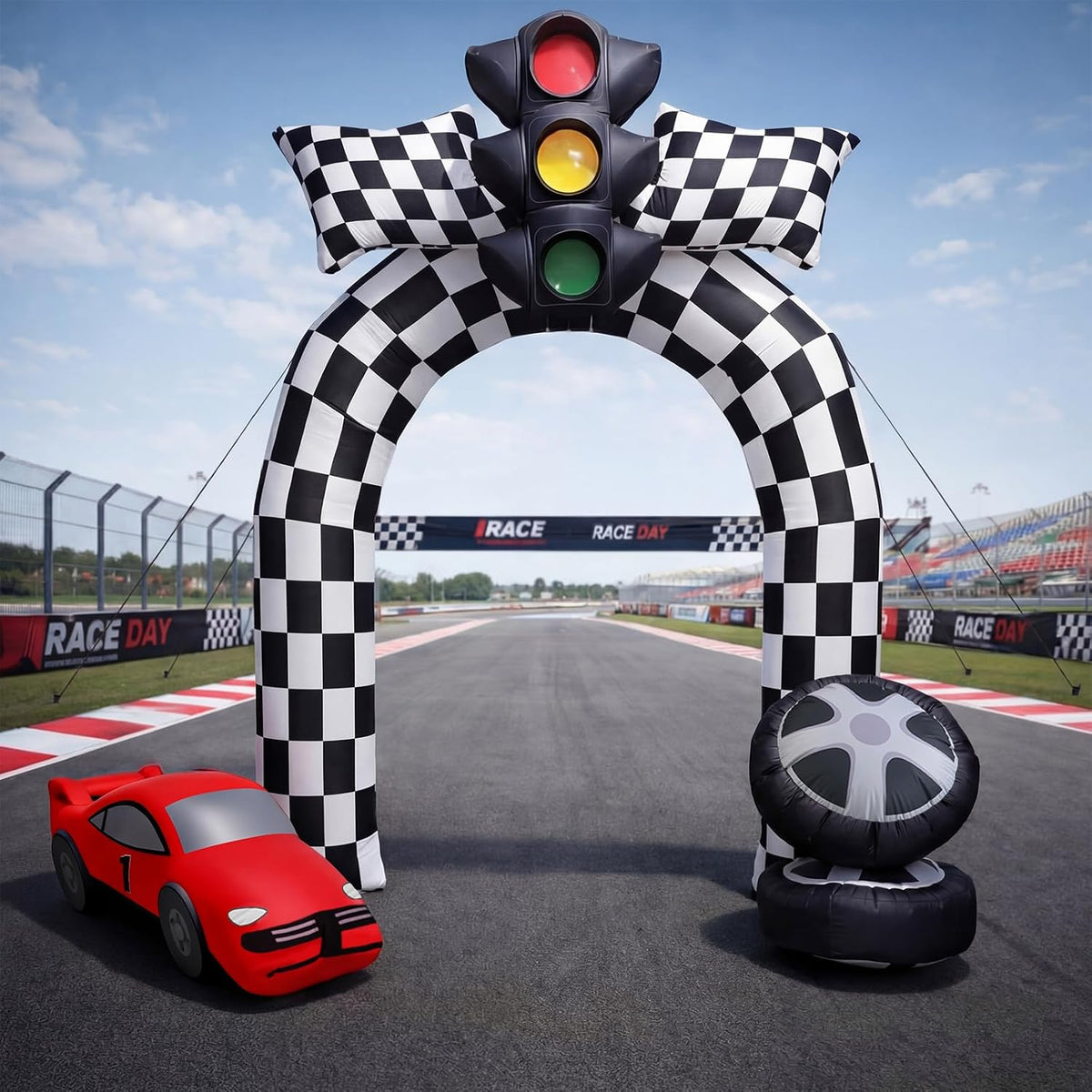 Vertintong Arco inflable gigante de 2,7 m para decoración de fiestas de carreras con 1 soplador y 5 luces LED para equipos, entrenadores y estadios.