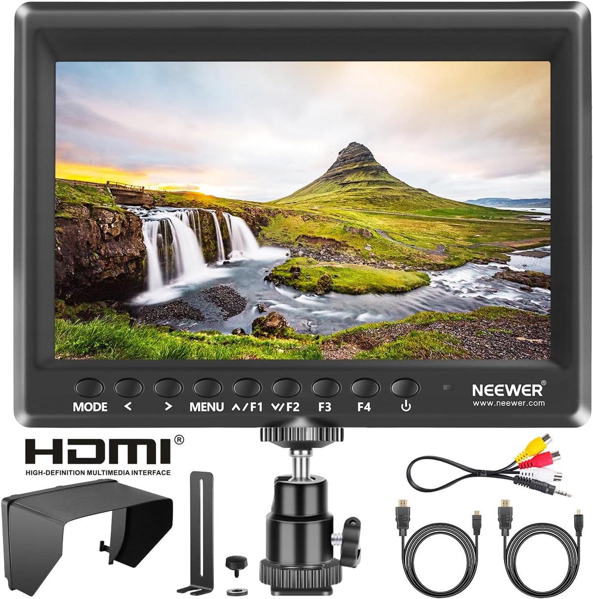 SOLO VIENEN 3 PIEZAS Monitor de Campo Neewer F100 7" para Cámara | Asistente de Video HD IPS 1280x800 | Entrada HDMI 1080p | Con Parasol y Cabezal de Bola | Para DSLR y Estabilizadores