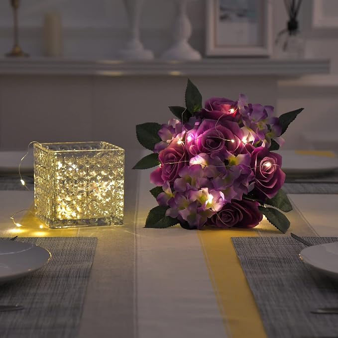 Arreglo de centro de mesa de rosas artificiales de seda en florero de vidrio con luz LED para decoración de bodas en el hogar (Lavanda clara)