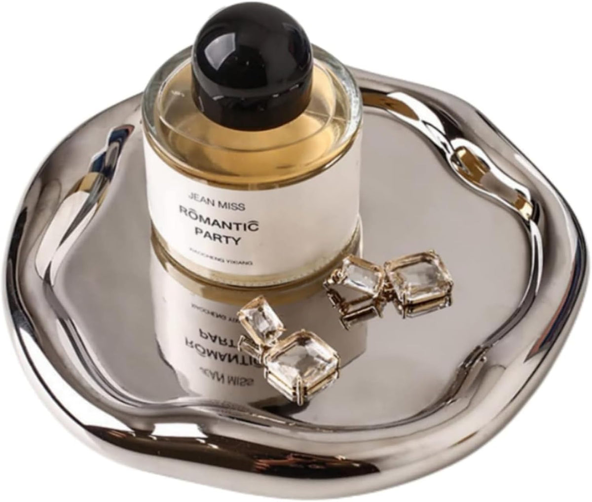 Bandeja Decorativa de Cerámica Plateada CHENDECOR para Joyas, Maquillaje y Organizador de Baño